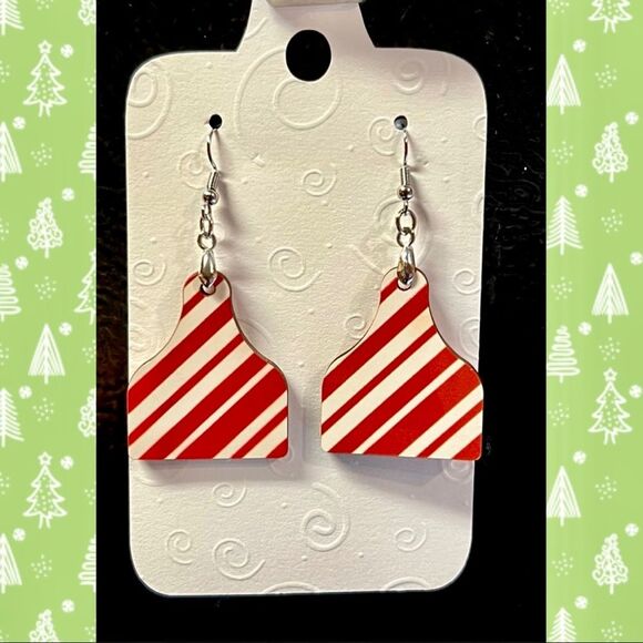 Candy Cane Stripe Cow Ear Tag Earrings, Christmas Earrings, Candy Cane Earrings - Picture 1 of 2